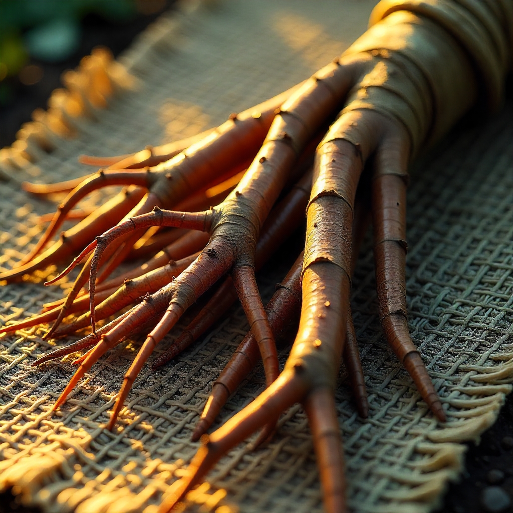 a rustic, earthy shot of anantmool roots arranged artistically on natural hemp fabric, with dew drops or morning light to evoke freshness and timeless natural healing.